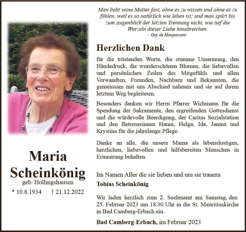  Traueranzeige für Maria Scheinkönig vom 23.02.2023 aus Camberger Anzeiger