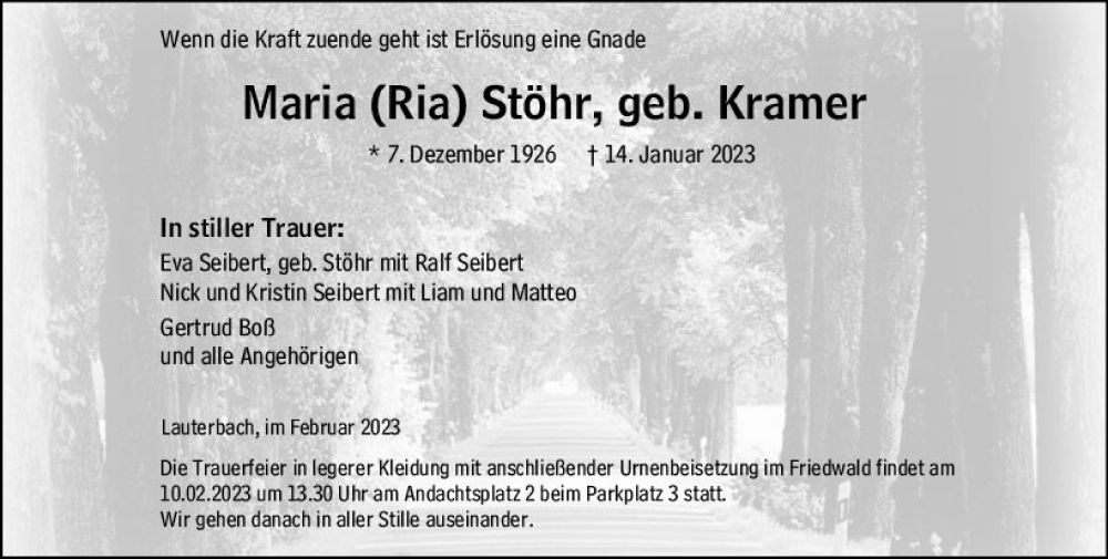  Traueranzeige für Maria Stöhr vom 06.02.2023 aus VRM Trauer