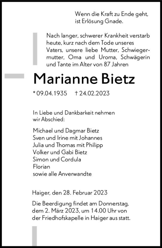 Traueranzeige von Marianne Bietz von Dill Block