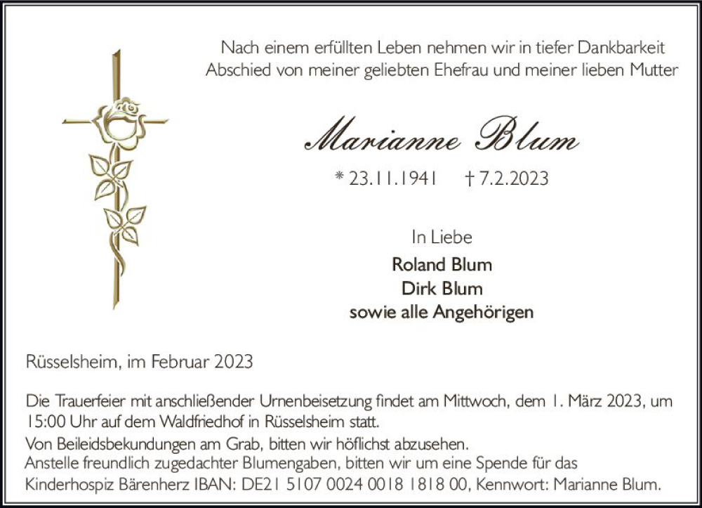  Traueranzeige für Marianne Blum vom 18.02.2023 aus Rüsselsheimer Echo