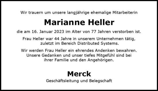 Traueranzeige von Marianne Heller von Darmstädter Echo