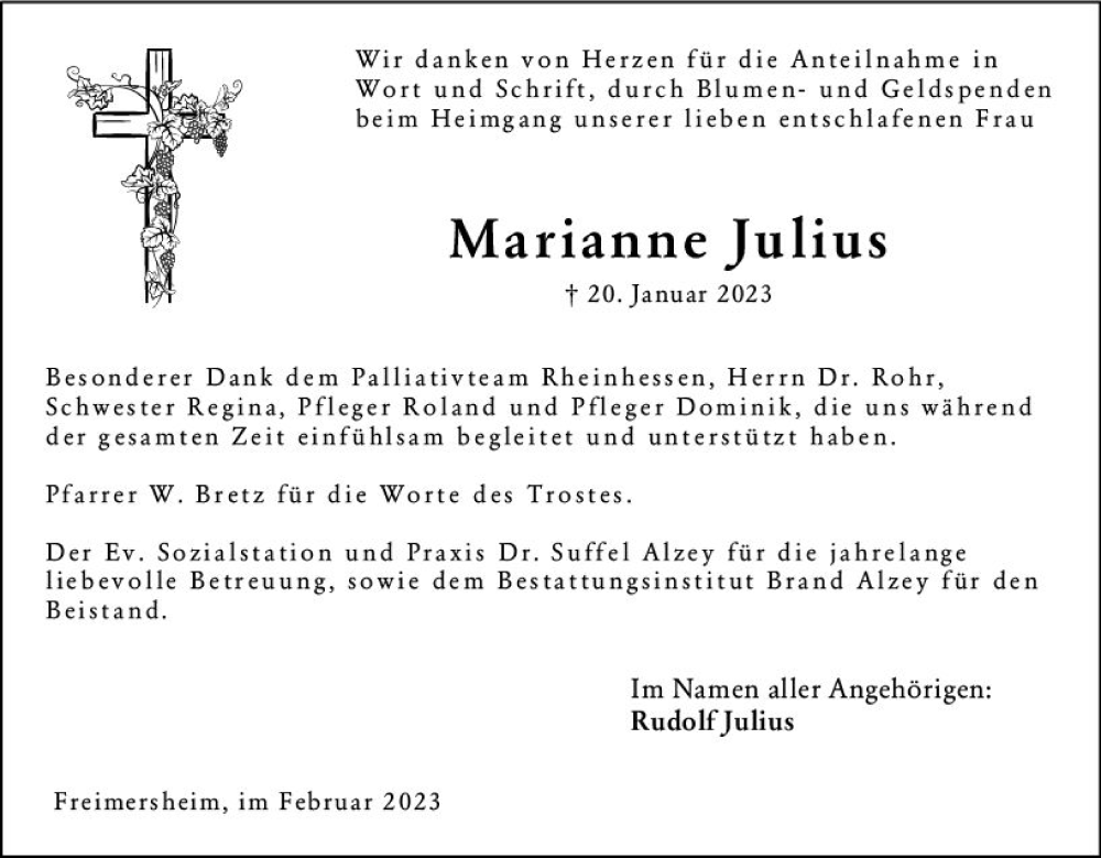  Traueranzeige für Marianne Julius vom 25.02.2023 aus Allgemeine Zeitung Alzey