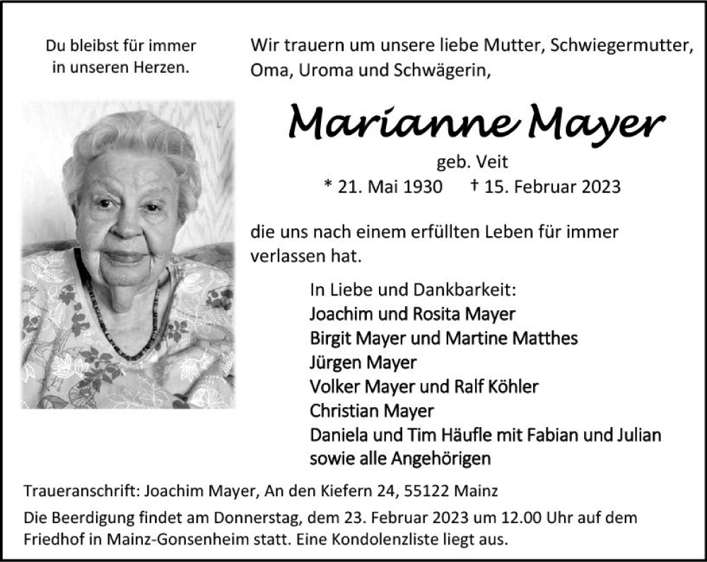  Traueranzeige für Marianne Mayer vom 18.02.2023 aus Allgemeine Zeitung Mainz