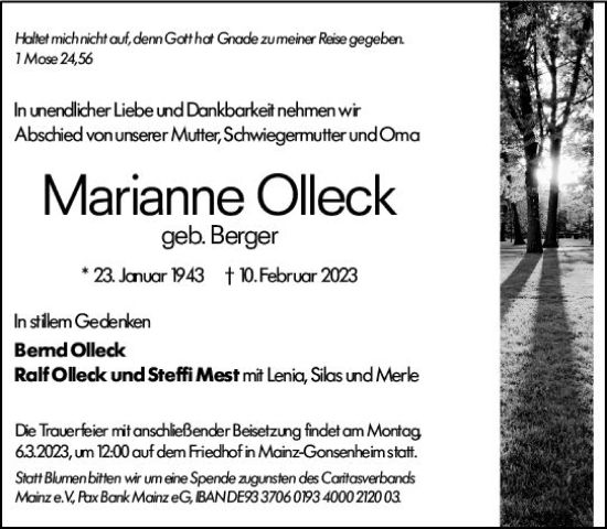 Traueranzeige von Marianne Olleck von Allgemeine Zeitung Mainz