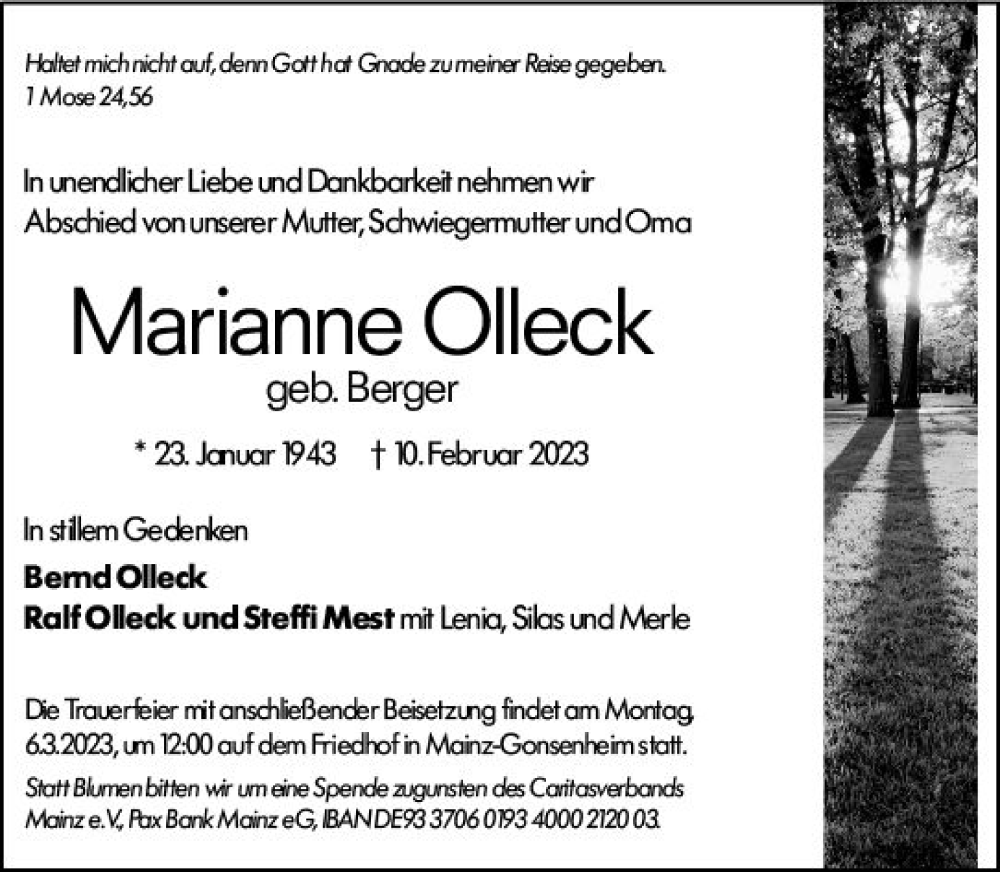  Traueranzeige für Marianne Olleck vom 24.02.2023 aus Hochheimer Zeitung
