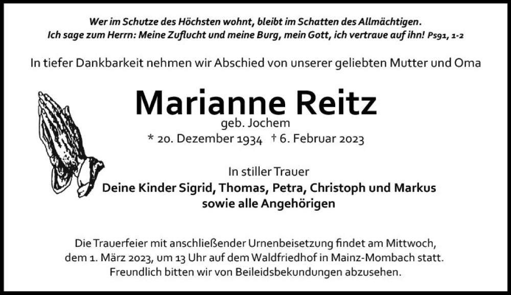 Traueranzeige für Marianne Reitz vom 18.02.2023 aus Allgemeine Zeitung Mainz