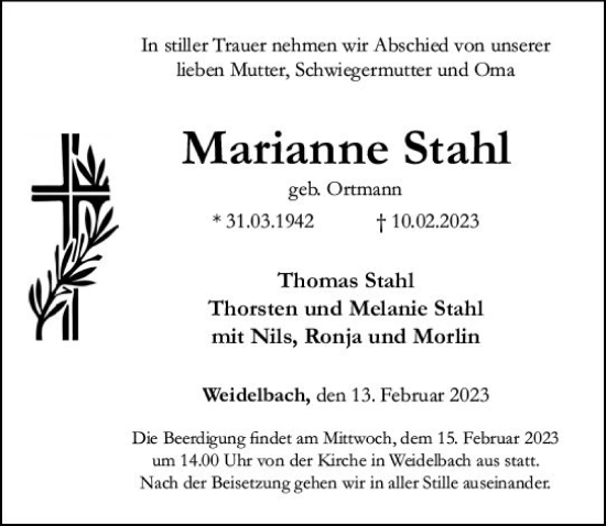 Traueranzeige von Marianne Stahl von Dill Block