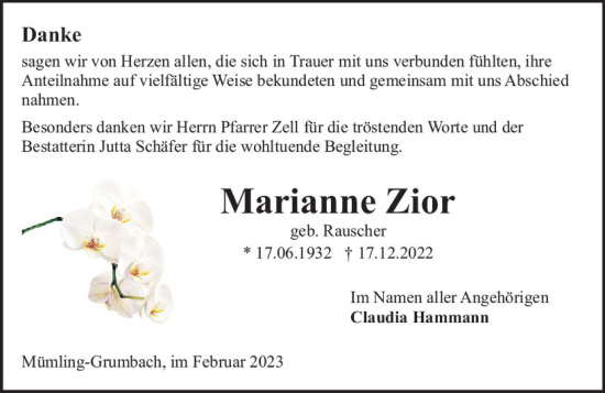 Traueranzeige von Marianne Zior von Odenwälder Echo