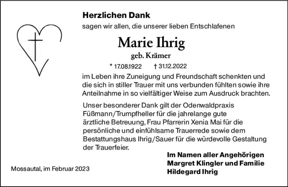  Traueranzeige für Marie Ihrig vom 04.02.2023 aus Odenwälder Echo