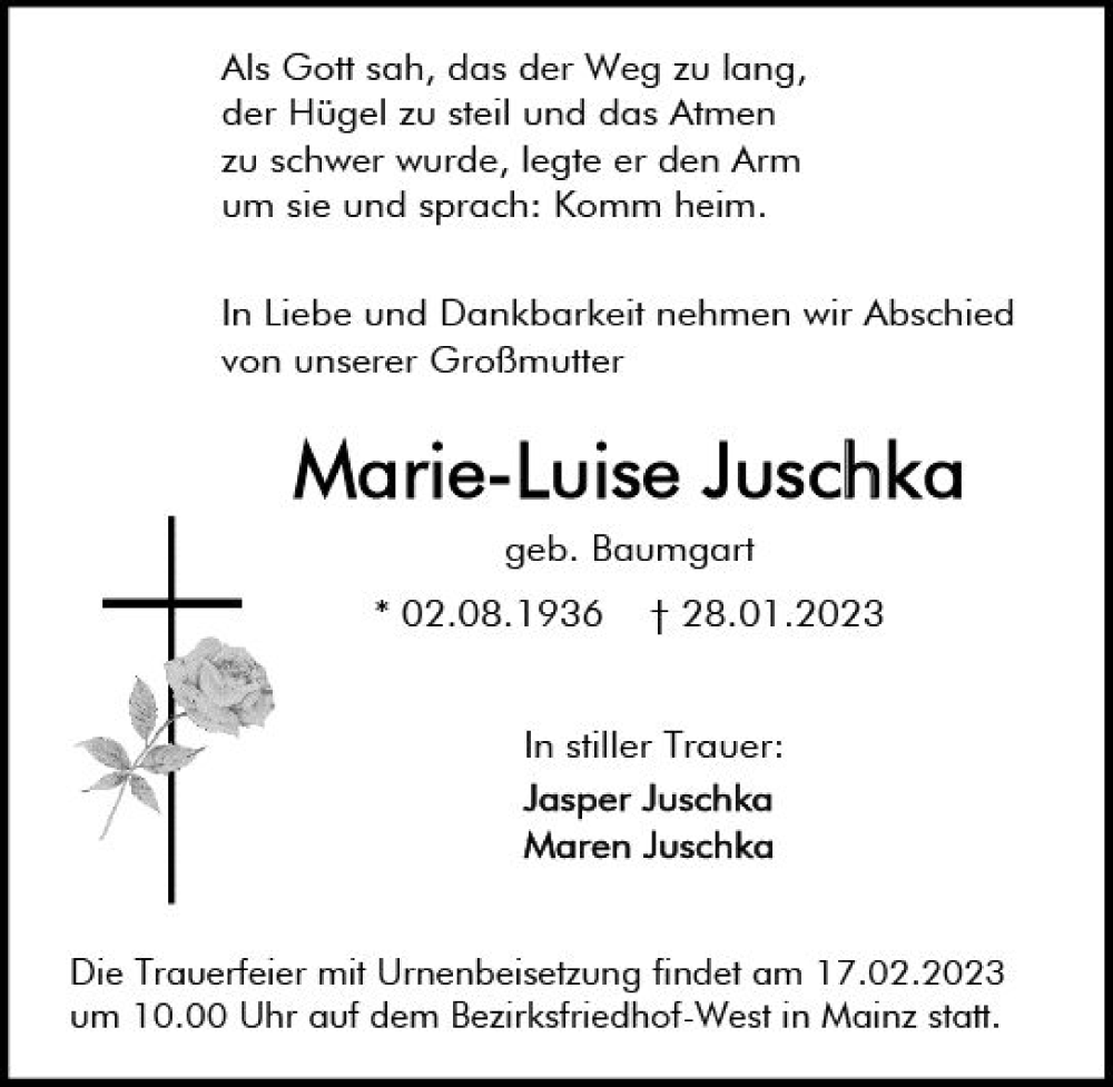  Traueranzeige für Marie-Luise Juschka vom 11.02.2023 aus Allgemeine Zeitung Mainz