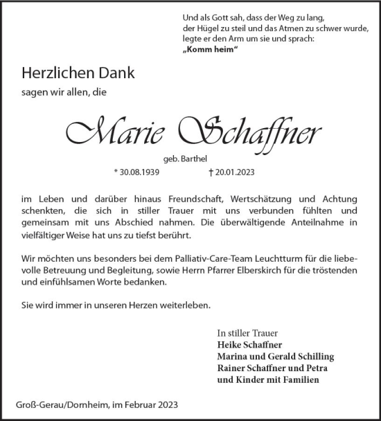 Traueranzeige von Marie Schaffner von Groß-Gerauer Echo