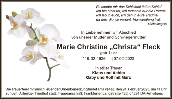 Traueranzeige von Marie Christine Fleck von Odenwälder Echo