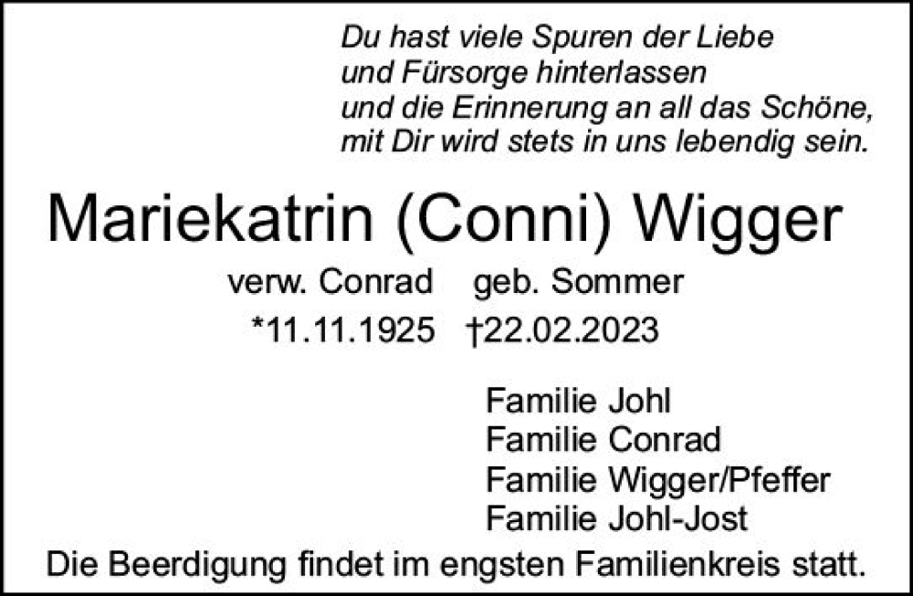  Traueranzeige für Mariekatrin  Wigger vom 25.02.2023 aus Starkenburger Echo
