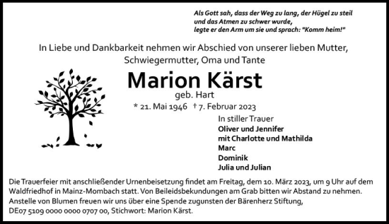 Traueranzeige von Marion Kärst von Allgemeine Zeitung Mainz