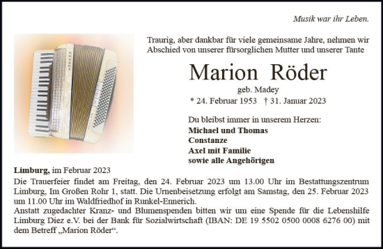 Traueranzeige von Marion Röder von Nassauische Neue Presse