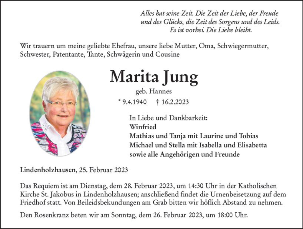  Traueranzeige für Marita Jung vom 25.02.2023 aus Nassauische Neue Presse