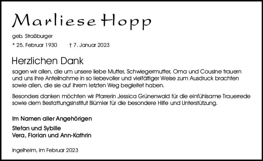  Traueranzeige für Marliese Hopp vom 11.02.2023 aus Allgemeine Zeitung Ingelheim-Bingen