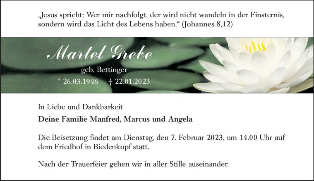  Traueranzeige für Martel Grebe vom 03.02.2023 aus Hinterländer Anzeiger