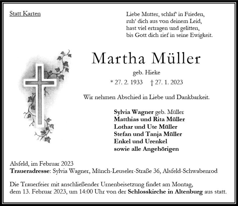  Traueranzeige für Martha Müller vom 04.02.2023 aus OK Oberhessen Kurier