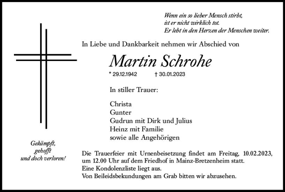  Traueranzeige für Martin Schrohe vom 08.02.2023 aus Allgemeine Zeitung Mainz