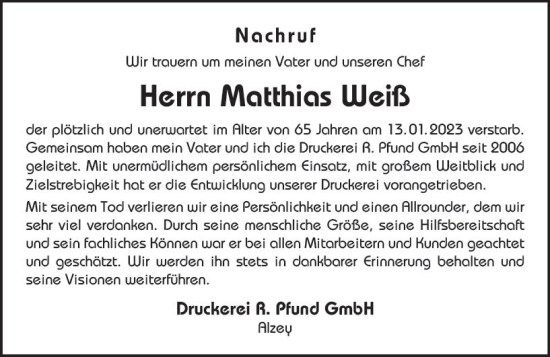 Traueranzeige von Matthias Weiß von Allgemeine Zeitung Alzey