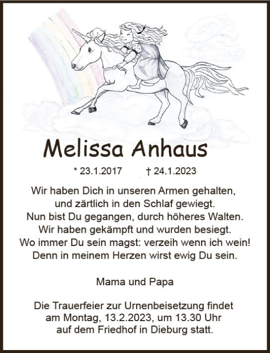 Traueranzeige von Melissa Anhaus von DieburgerAnzeiger/Groß-Zimmerner Lokalanzeiger