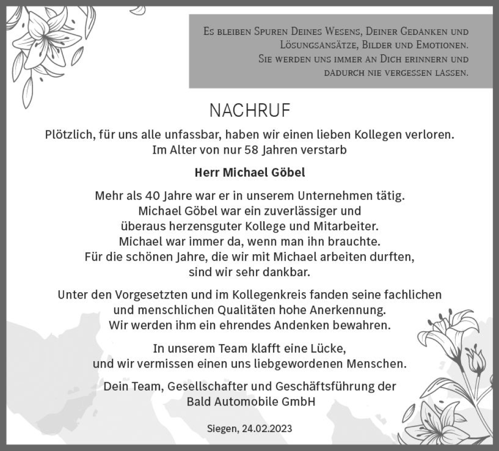  Traueranzeige für Michael Göbel vom 25.02.2023 aus Dill Block
