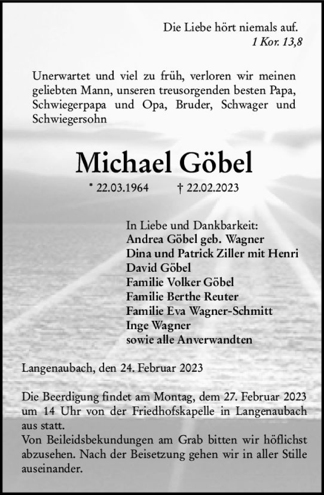  Traueranzeige für Michael Göbel vom 24.02.2023 aus Dill Block