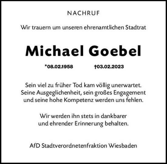 Traueranzeige von Michael Goebel von Wiesbadener Kurier gesamt