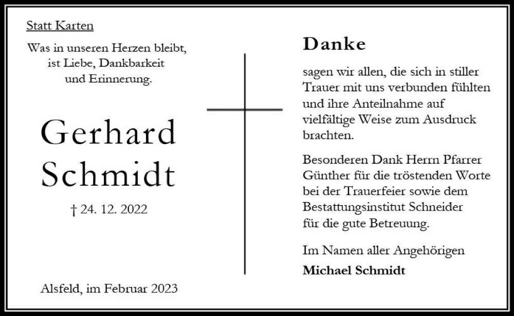  Traueranzeige für Michael Schmidt vom 04.02.2023 aus OK Oberhessen Kurier