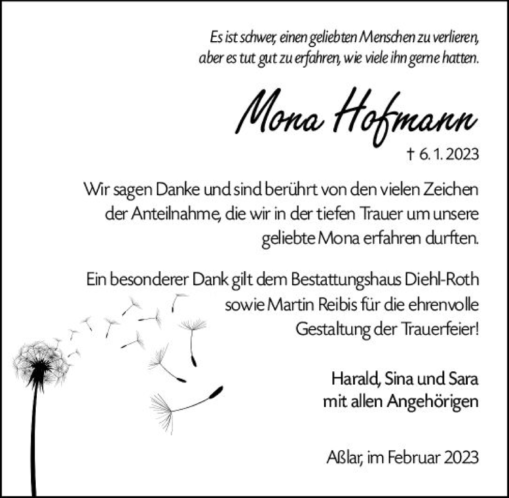  Traueranzeige für Mona Hofmann vom 06.02.2023 aus Wetzlarer Neue Zeitung