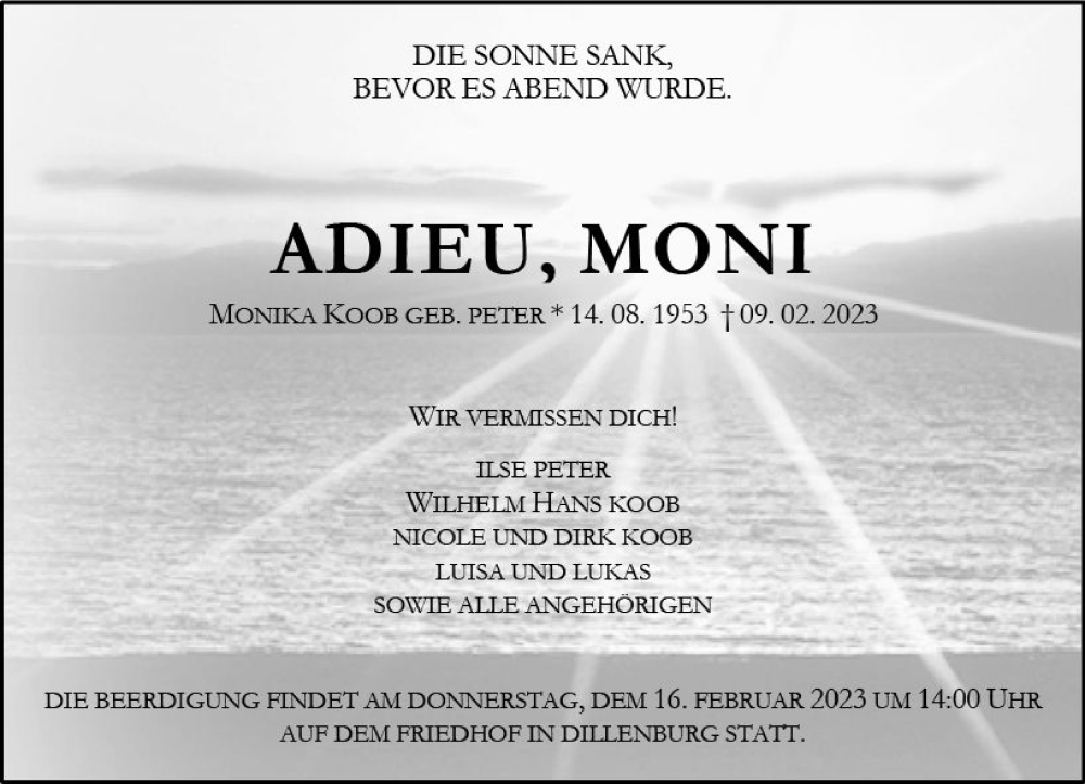  Traueranzeige für Monika Koob vom 14.02.2023 aus Dill Block