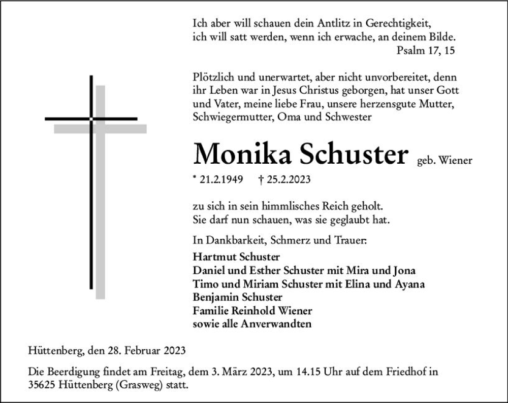  Traueranzeige für Monika Schuster vom 28.02.2023 aus Wetzlarer Neue Zeitung
