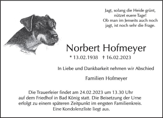 Traueranzeige von Norbert Hofmeyer von Odenwälder Echo
