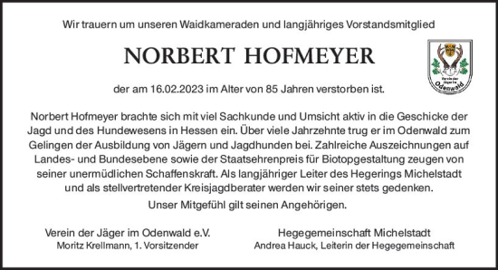 Traueranzeige von Norbert Hofmeyer von Odenwälder Echo