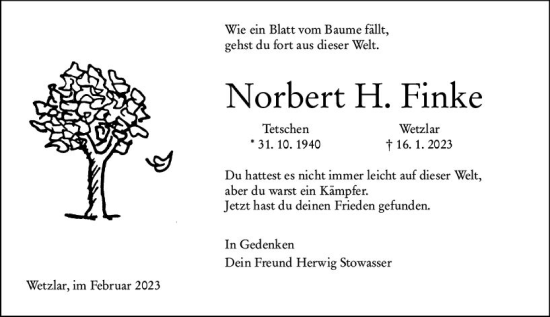 Traueranzeige von Norbert H. Finke von Wetzlarer Neue Zeitung