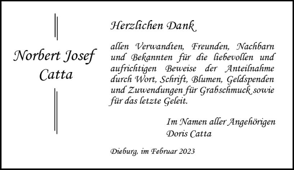  Traueranzeige für Norbert Josef Catta vom 11.02.2023 aus DieburgerAnzeiger/Groß-Zimmerner Lokalanzeiger