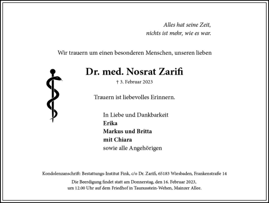 Traueranzeige von Nosrat Zarifi von Wiesbadener Kurier gesamt
