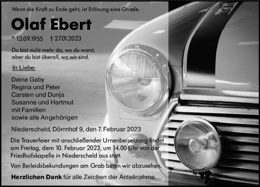  Traueranzeige für Olaf Ebert vom 07.02.2023 aus Dill Block