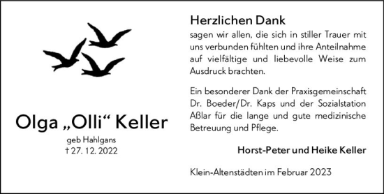 Traueranzeige von Olga Keller von Wetzlarer Neue Zeitung