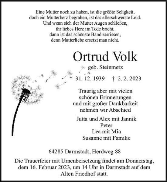 Traueranzeige von Ortrud Volk von Darmstädter Echo
