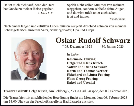 Traueranzeige von Oskar Rudolf Schwarz von Hinterländer Anzeiger