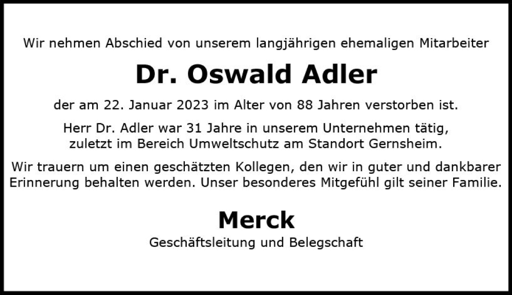  Traueranzeige für Oswald Adler vom 04.02.2023 aus Groß-Gerauer Echo