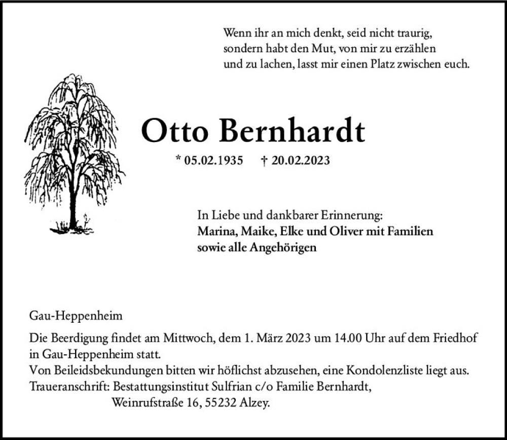  Traueranzeige für Otto Bernhardt vom 25.02.2023 aus Allgemeine Zeitung Alzey