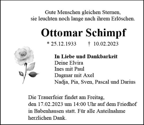 Traueranzeige von Ottomar Schimpf von Darmstädter Echo