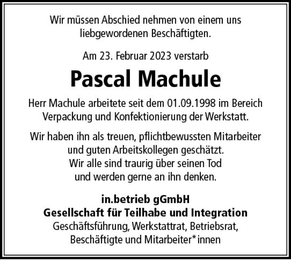  Traueranzeige für Pascal Machule vom 28.02.2023 aus Allgemeine Zeitung Mainz