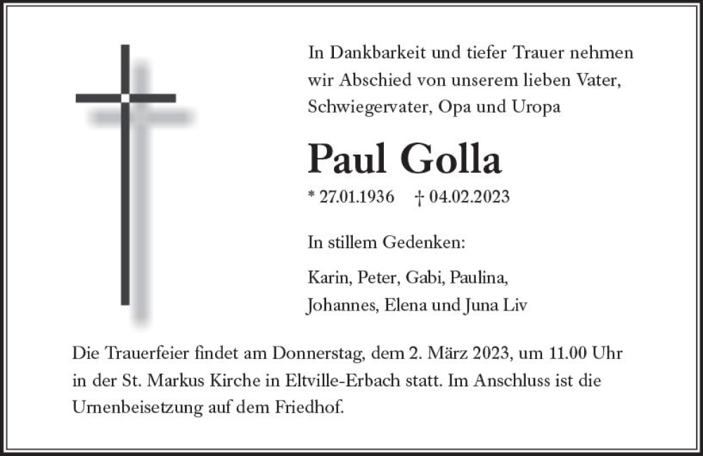  Traueranzeige für Paul Golla vom 18.02.2023 aus Wiesbadener Kurier