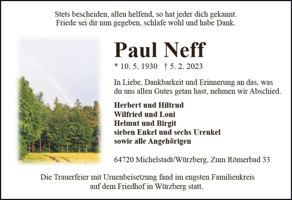  Traueranzeige für Paul Neff vom 11.02.2023 aus Odenwälder Echo