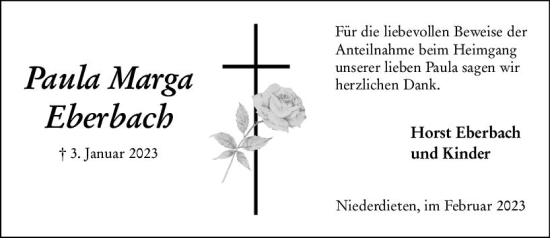 Traueranzeige von Paula Marga Eberbach von Hinterländer Anzeiger