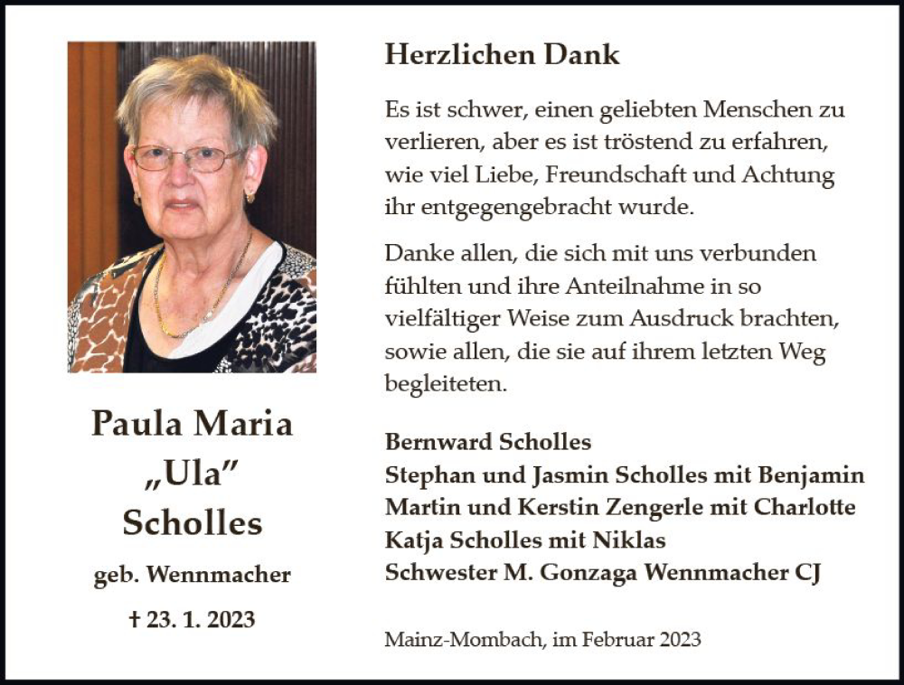  Traueranzeige für Paula Maria Scholles vom 18.02.2023 aus Allgemeine Zeitung Mainz